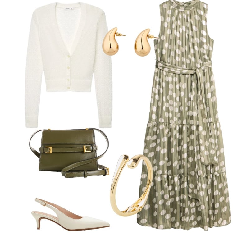 Outfit donna - Total look #2364515. Stile Romantica per Tutti i giorni. Abbinamento con vestiti, braccialetti, borse a tracolla, décolleté, orecchini, cardigans.