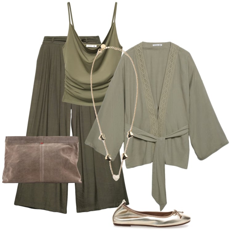 Outfit donna - Sfumature di verde @ antonellal. Stile Urban per Tutti i giorni. Abbinamento con pantaloni, kimono, canottiere, collane, pochette, ballerine.