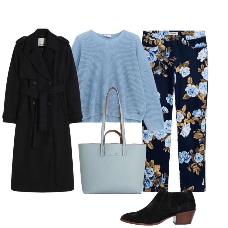 Outfit donna - Primavera:sole e pioggia. Stile Glamour per Tutti i giorni. Abbinamento con stivaletti, pantaloni, trench, shopping bag, maglieria.