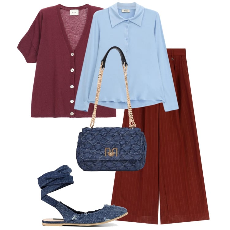 Outfit donna - Celeste e bordeaux @ pamela. Stile Urban per Tutti i giorni. Abbinamento con borse a spalla, camicie, pantaloni a palazzo, cardigans, ballerine.