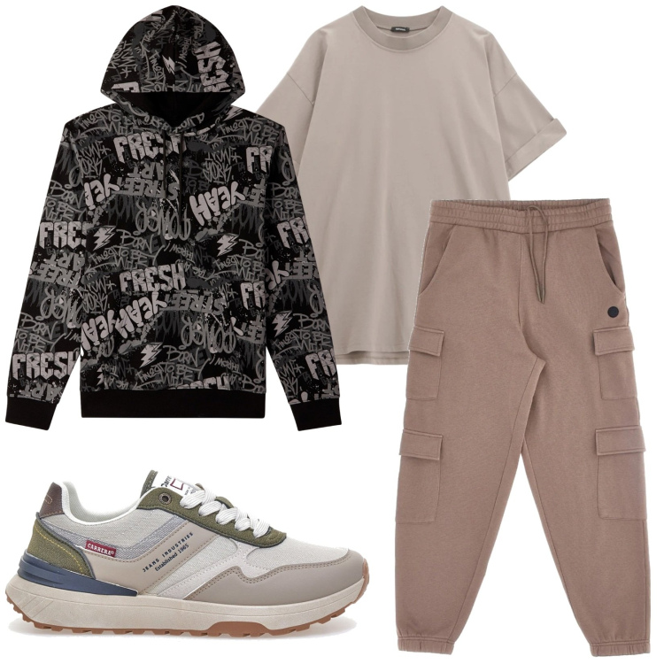 Outfit uomo - Total look #2364532. Stile Urban per Sport. Abbinamento con felpe con cappuccio, t-shirt, pantaloni cargo, sneakers.