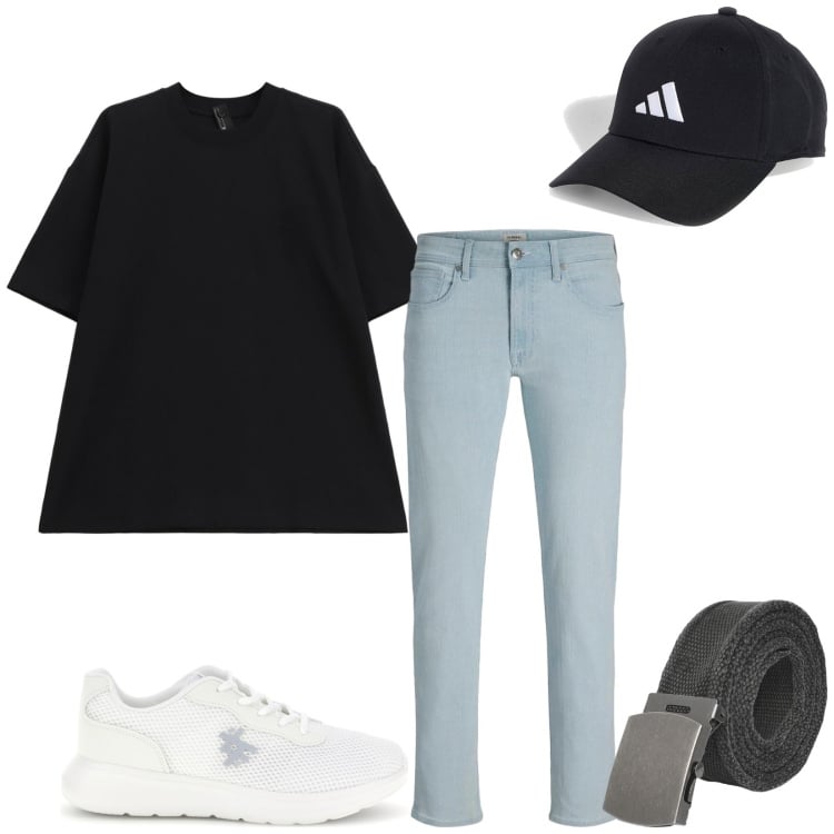 Outfit uomo - Total look #2364533. Stile Urban per Tutti i giorni. Abbinamento con jeans, cinture, t-shirt, cappelli con visiera, sneakers.