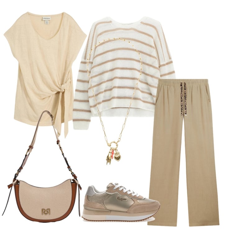 Outfit donna - Total look #2364538. Stile Casual chic per Tutti i giorni. Abbinamento con maglieria, borse a tracolla, maglieria, pantaloni, ciondoli, sneakers.