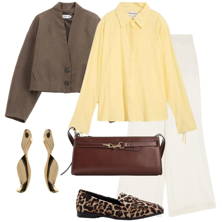 Outfit donna - Soft power dressing. Stile Casual chic per Tutti i giorni. Abbinamento con mocassini, borse a tracolla, camicie, blazer, pantaloni, orecchini.