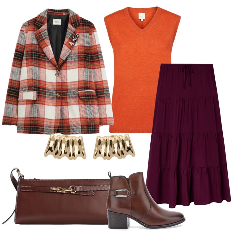 Outfit donna - Total look #2364554. Stile Casual chic per Ufficio. Abbinamento con borse a tracolla, gonne lunghe, blazer, orecchini, maglieria, stivaletti.