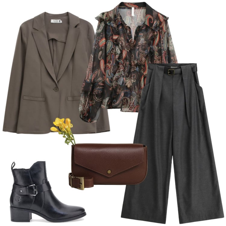 Outfit donna - Total look #2364555. Stile Casual chic per Tutti i giorni. Abbinamento con blazer, camicie, pantaloni a palazzo, borse a tracolla, stivali sopra il ginocchio.