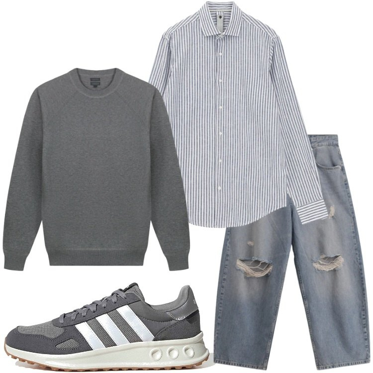 Outfit uomo - Camicia a maniche arrotolate. Stile Urban per Tutti i giorni. Abbinamento con jeans strappati, camicie, maglieria, sneakers.