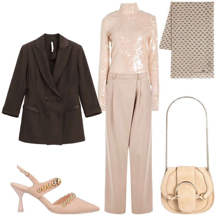 Outfit donna - Total look #2364559. Stile Glamour per Cerimonia. Abbinamento con body, décolleté, marsupi, sciarpe, pantaloni a palazzo, blazer.
