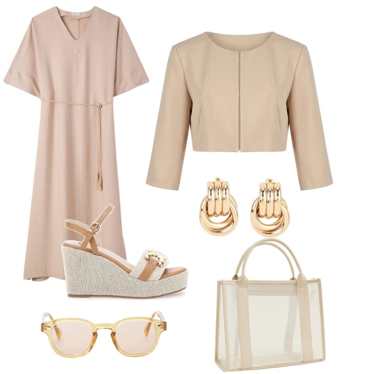 Outfit donna - Mirella\' s wedding!. Stile Trendy Abbinamento con orecchini, borse tote, vestiti lunghi, occhiali da sole, bolero, zeppe.