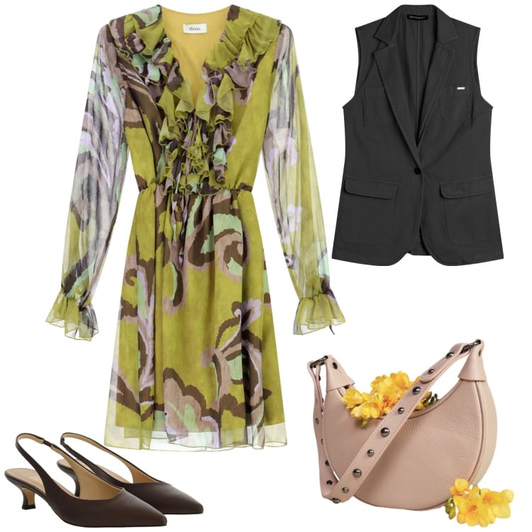 Outfit donna - Total look #2364564. Stile Chic per Serata fuori. Abbinamento con vestiti, décolleté, borse a spalla, gilet.