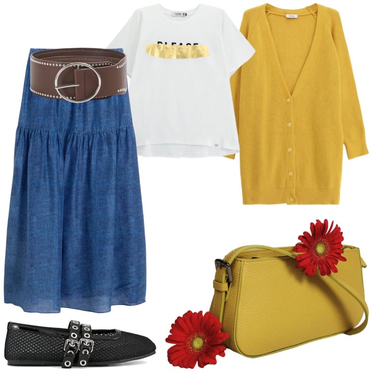 Outfit donna - Total look #2364566. Stile Trendy per Tutti i giorni. Abbinamento con gonne lunghe, cinture, t-shirt, cardigans, borse a spalla, ballerine.