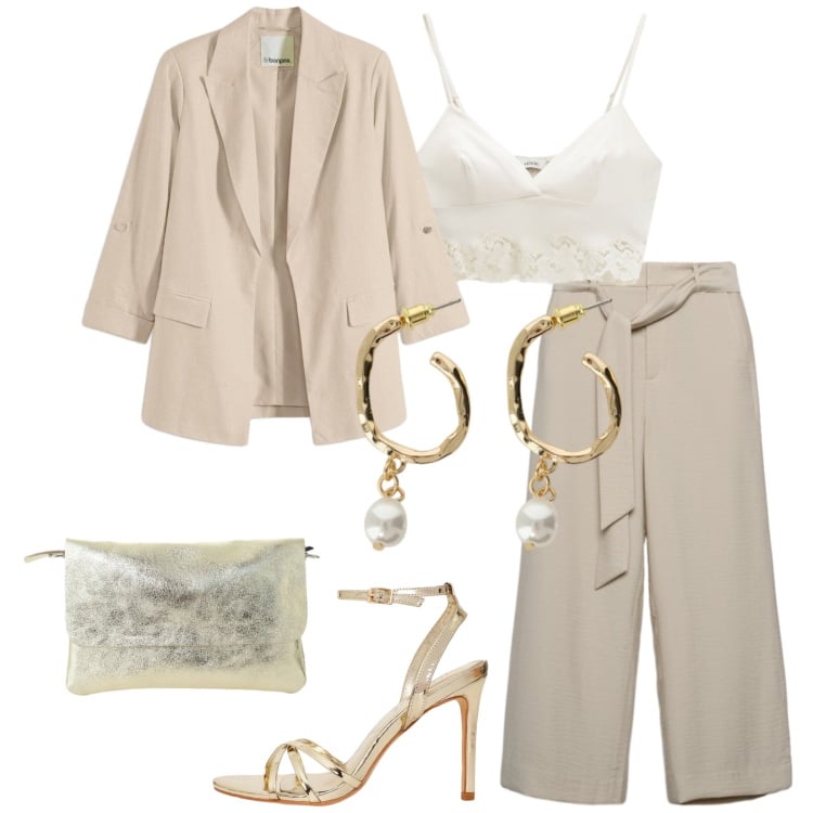 Outfit donna - Total look #2364575. Stile Glamour per Cerimonia. Abbinamento con blazer, pantaloni a palazzo, sandali col tacco, borse a spalla, orecchini, top.