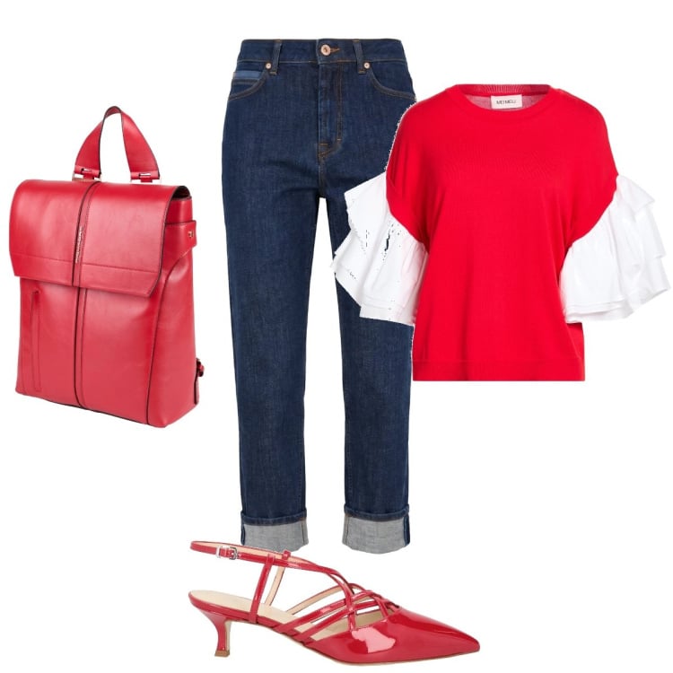 Outfit donna - Panna e fragola. Stile Casual per Tutti i giorni. Abbinamento con pullovers, zaini, décolleté, jeans.