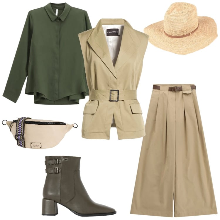Outfit donna - Safari. Stile Casual chic per Tutti i giorni. Abbinamento con marsupi, cinture, cappelli, stivaletti, camicie, pantaloni a palazzo.
