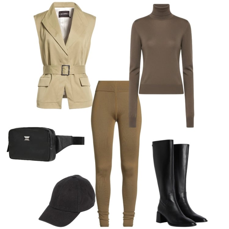 Outfit donna - Passeggiata a cavallo, ma con stile. Stile Mannish per Tutti i giorni. Abbinamento con leggings, marsupi, cinture, cappelli con visiera, stivali sopra il ginocchio, maglieria.