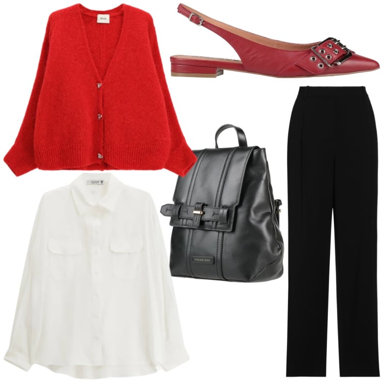 Outfit donna - Un tocco di rosso. Stile Chic per Ufficio. Abbinamento con ballerine, pantaloni, zaini, camicie, cardigans.