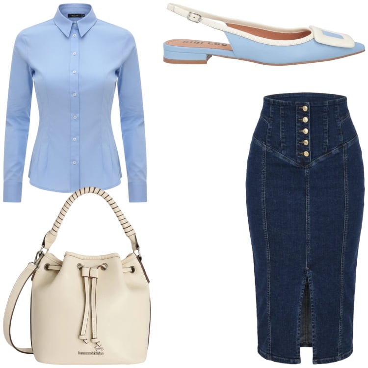 Outfit donna - Sporty chic in città. Stile Sporty chic per Tutti i giorni. Abbinamento con ballerine, borse a secchiello, camicie, gonne longuette.