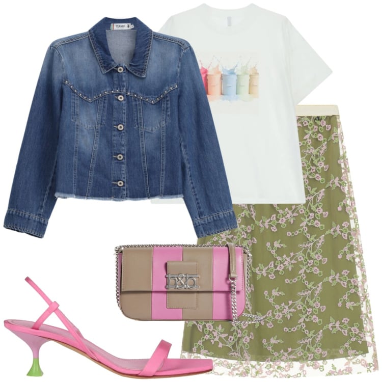 Outfit donna - Fiori su tulle per il pranzo. Stile Boho per Ufficio. Abbinamento con sandali in pelle, borse a spalla, blazer, t-shirt, gonne longuette.