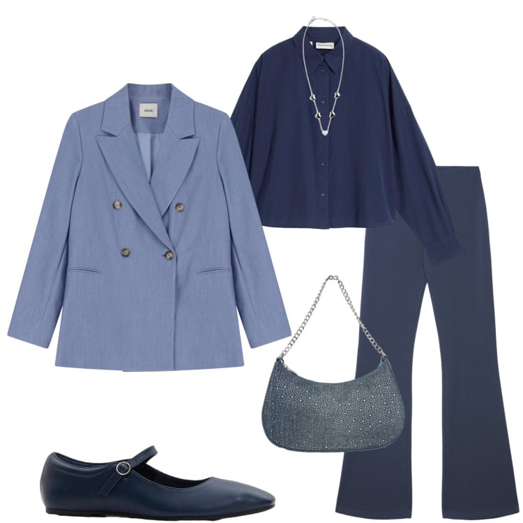 Outfit donna - Ritorno del blu. Stile Urban per Ufficio. Abbinamento con camicie, ballerine, pantaloni, borse a tracolla, blazer, collane.
