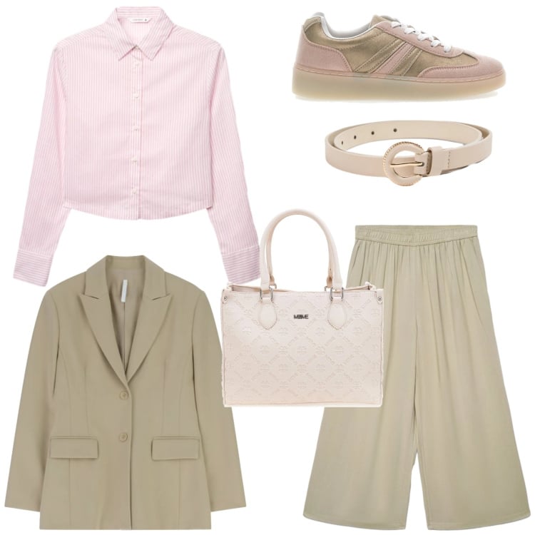 Outfit donna - La camicia romantica. Stile Romantica per Tutti i giorni. Abbinamento con camicie, pantaloni a palazzo, cinture, blazer, sneakers, borse a tracolla.