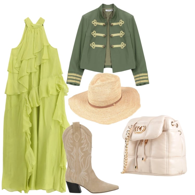 Outfit donna - Uscita inaspettata. Stile Boho per Tutti i giorni. Abbinamento con stivali, valigie, cappelli, cappotti, vestiti lunghi.