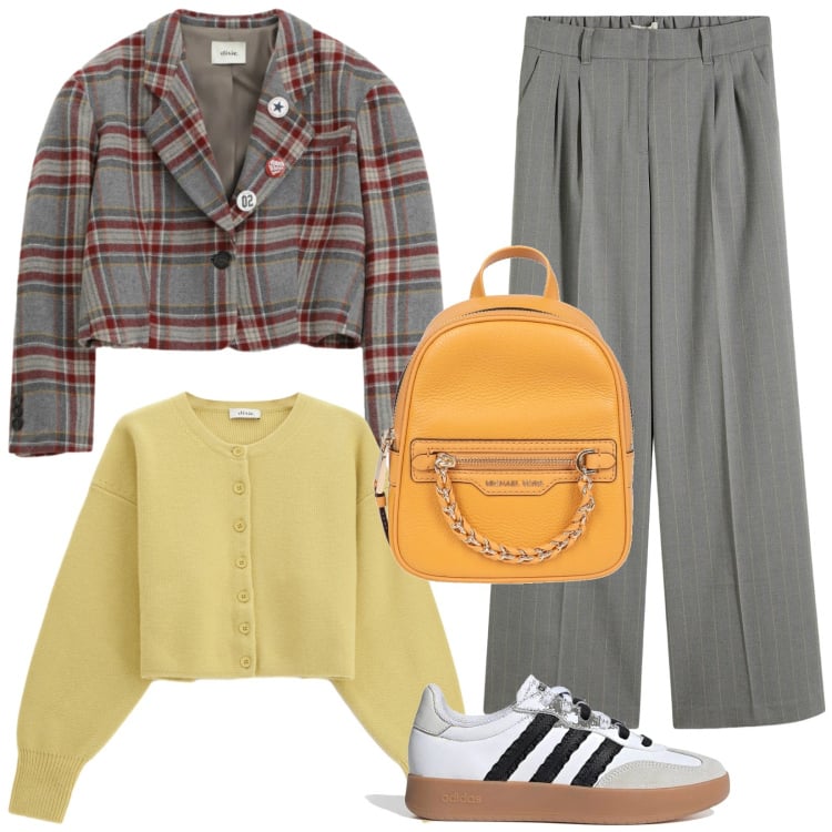 Outfit donna - Yellow march. Stile Preppy per Scuola/Università. Abbinamento con zaini, pantaloni a palazzo, cardigans, blazer, sneakers.