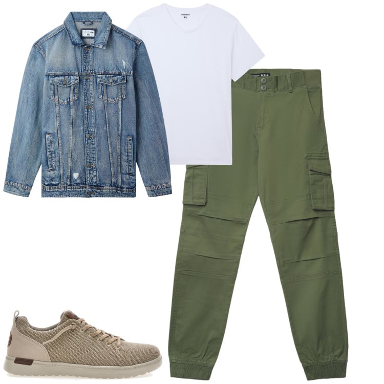Outfit uomo - Marzo. Stile Casual per Tutti i giorni. Abbinamento con t-shirt, giacche, pantaloni cargo, sneakers.