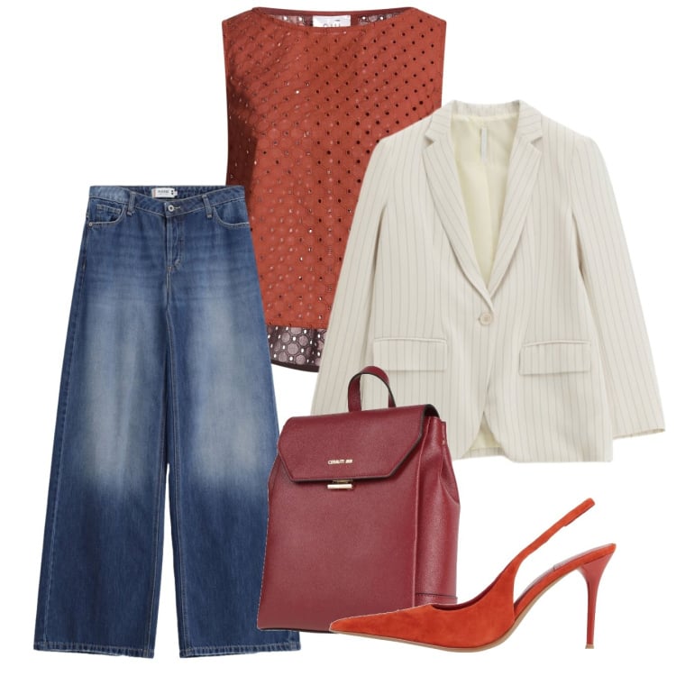 Outfit donna - Primavera. Stile Casual chic per Tutti i giorni. Abbinamento con top, décolleté, zaini, jeans, blazer.