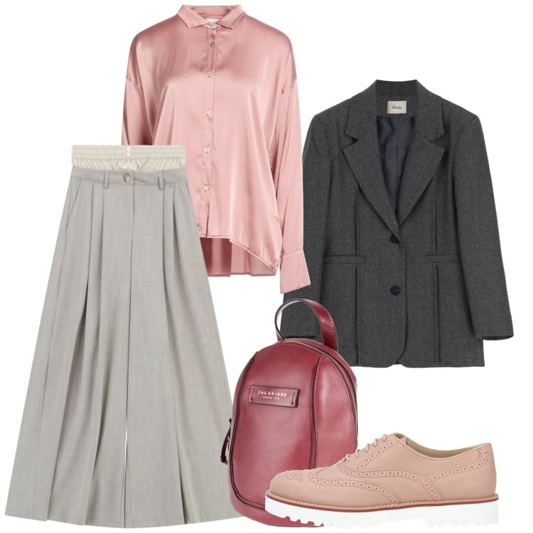 Outfit donna - Over. Stile Chic per Ufficio. Abbinamento con scarpe stringate, zaini, camicie, blazer, pantaloni a palazzo.