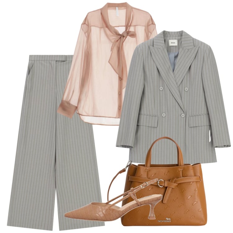 Outfit donna - Gessato marzo. Stile Chic per Ufficio. Abbinamento con décolleté, borse a mano, camicie, blazer, pantaloni a palazzo.