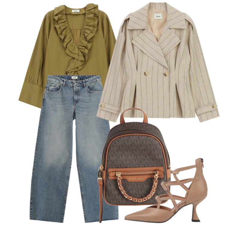 Outfit donna - Rouche. Stile Casual chic per Tutti i giorni. Abbinamento con décolleté, zaini, jeans, blazer, camicie.