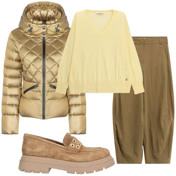 Outfit donna - Total look #2364668. Stile Casual per Ufficio. Abbinamento con mocassini, piumini, maglieria, pantaloni a palazzo.