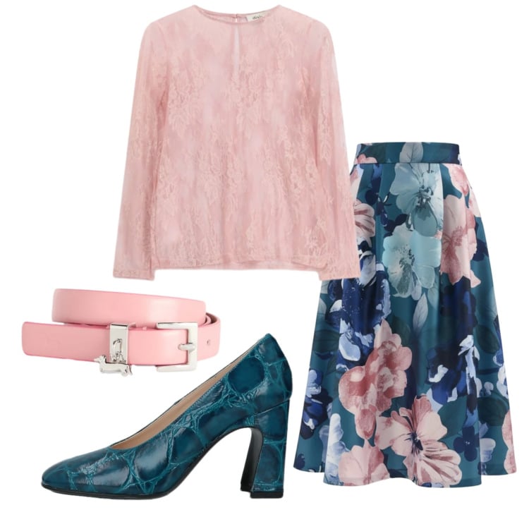 Outfit donna - Total look #2364672. Stile Romantica per Ufficio. Abbinamento con décolleté, cinture, gonne longuette, top.