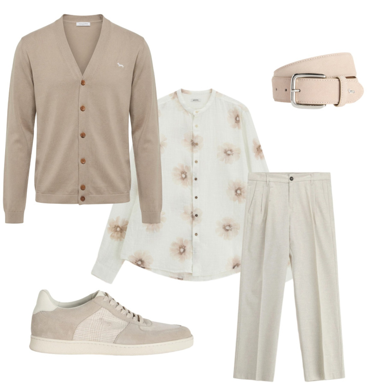Outfit uomo - L\'Eleganza Rilassata in Toni Sabbia. Stile Urban per Tutti i giorni. Abbinamento con cinture, cardigans, sneakers, pantaloni, camicie.