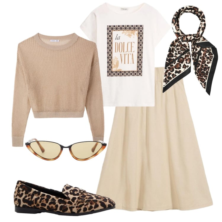 Outfit donna - Maculato urbano. Stile Urban per Ufficio. Abbinamento con t-shirt, mocassini, gonne, maglieria, foulard, occhiali da sole.