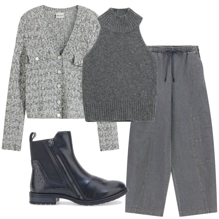 Outfit donna - Total look #2364683. Stile Basic per Tutti i giorni. Abbinamento con cardigans, pantaloni a palazzo, top, stivaletti chelsea.