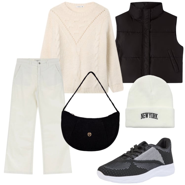 Outfit donna - Lo smanicato. Stile Casual per Tutti i giorni. Abbinamento con piumini, berretti, maglieria, sneakers, jeans, borse a mano.