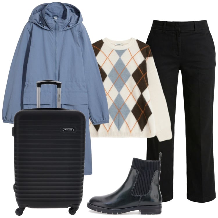 Outfit donna - Total look #2364685. Stile Basic per Tutti i giorni. Abbinamento con parka, pantaloni, maglieria, stivaletti, valigie.