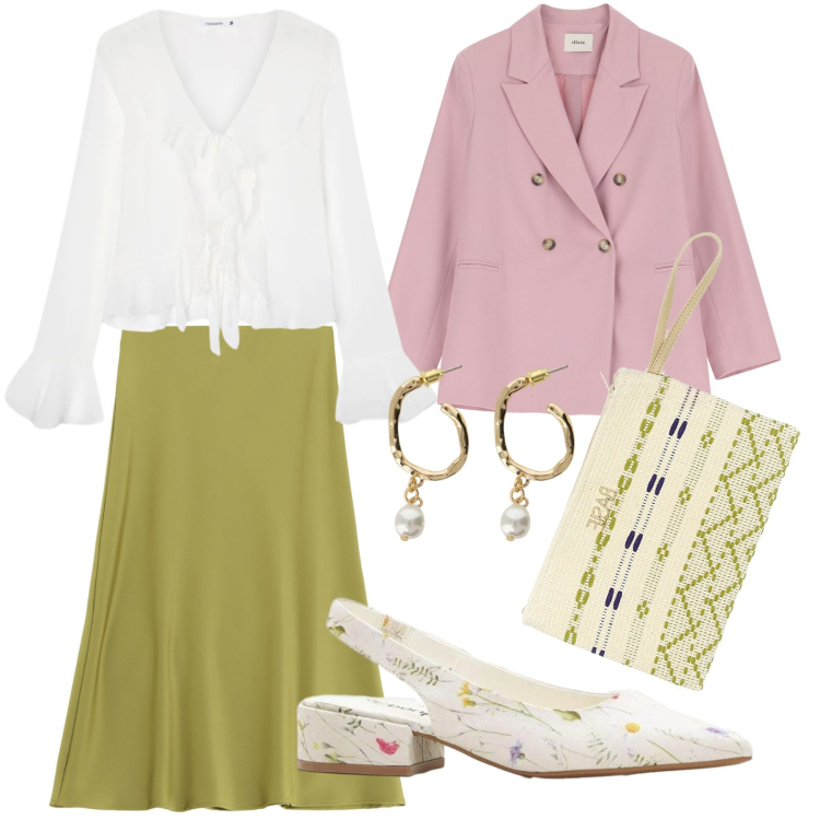 Outfit donna - Primavera di colori. Stile Casual chic per Tutti i giorni. Abbinamento con décolleté, bluse, gonne longuette, blazer, orecchini, pochette.