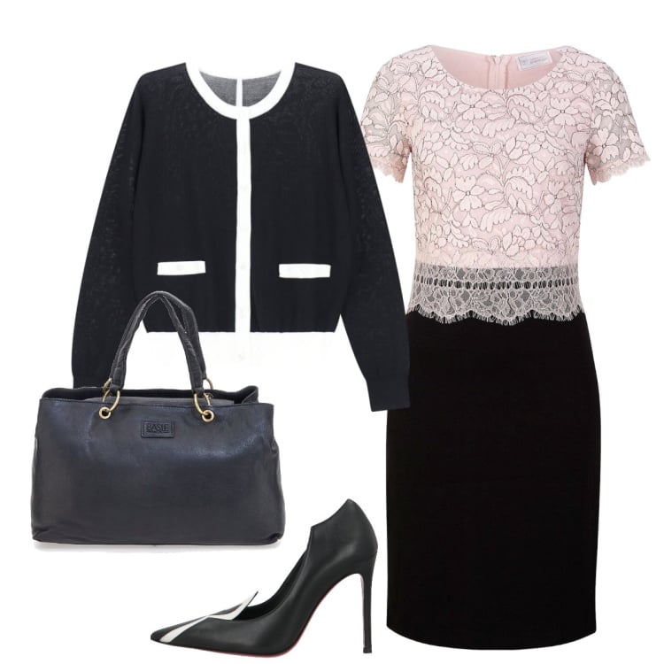 Outfit donna - AAbito nero con corpetto in pizzo. Stile Chic per Cerimonia. Abbinamento con décolleté, vestiti midi/longuette, cardigans, borse a mano.