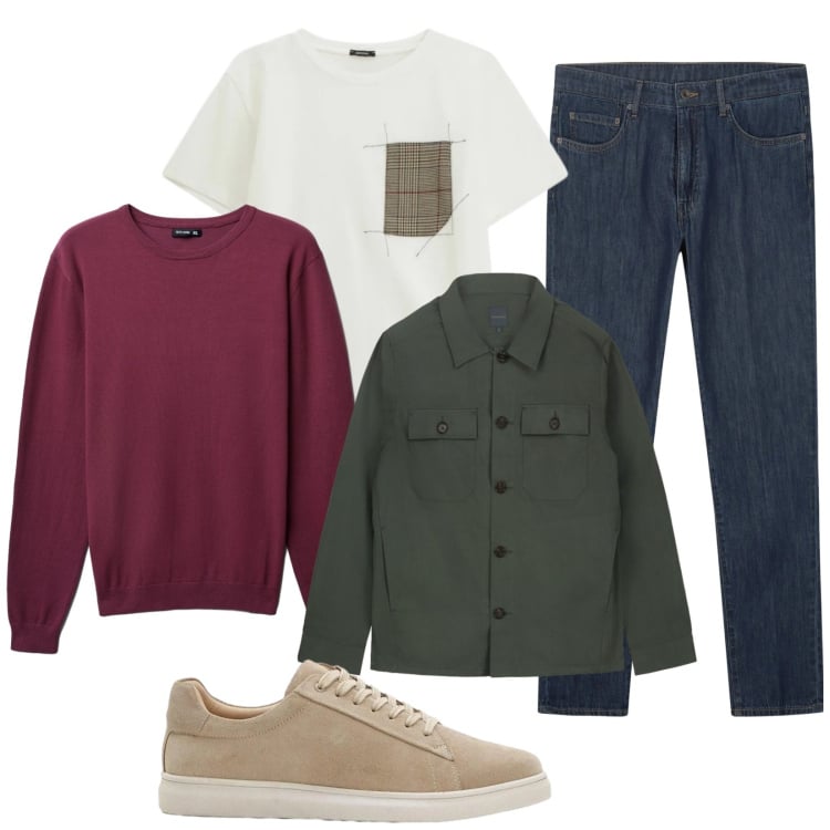 Outfit uomo - A colori. Stile Casual per Tutti i giorni. Abbinamento con sneakers, t-shirt, jeans, maglieria, cappotti.