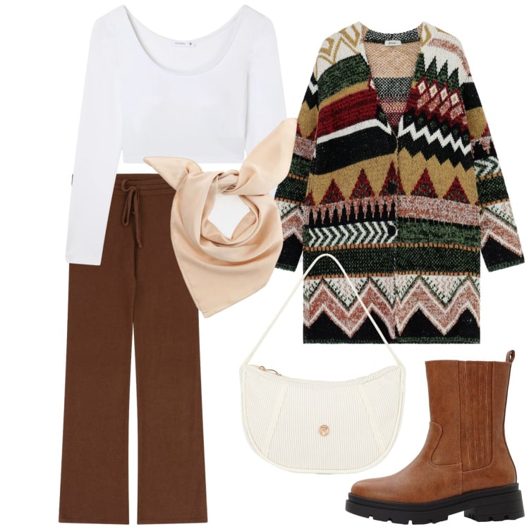 Outfit donna - Total look #2364692. Stile Casual per Tutti i giorni. Abbinamento con stivaletti chelsea, t-shirt, foulard, pantaloni a palazzo, cappotti, borse a mano.