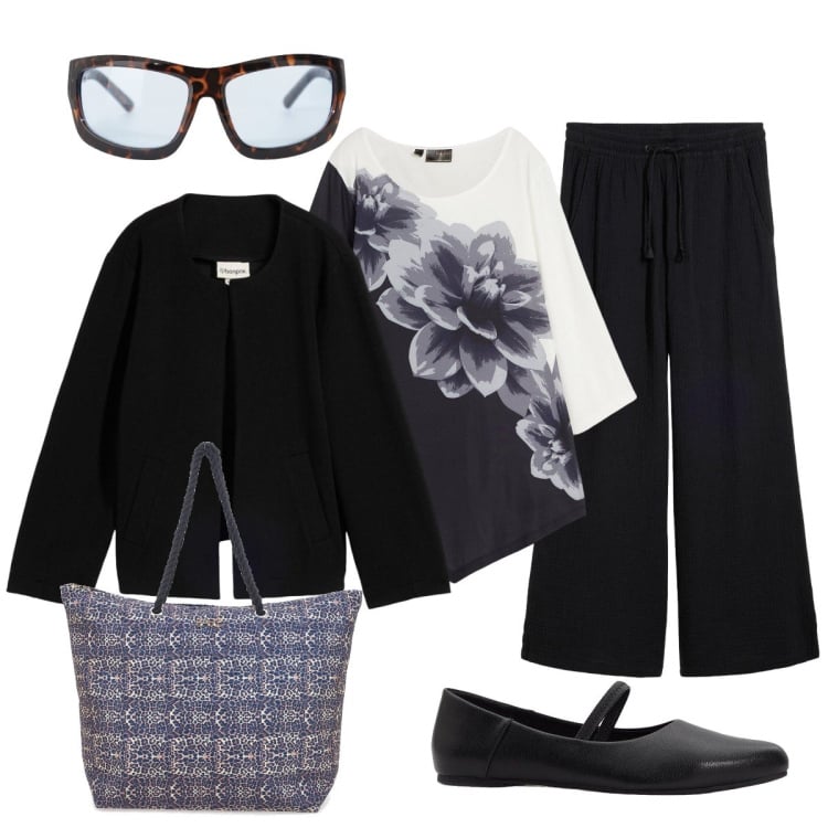 Outfit donna - Romantica in bianco e nero. Stile Chic per Tutti i giorni. Abbinamento con maglieria, ballerine, blazer, pantaloni a palazzo, occhiali da sole, shopping bag.