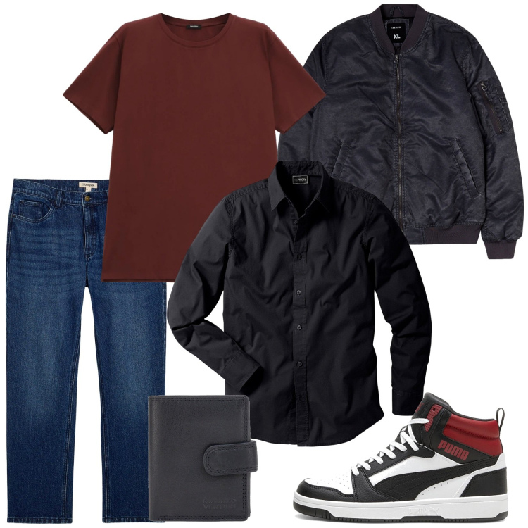 Outfit uomo - Un bomber a marzo. Stile Urban per Tutti i giorni. Abbinamento con camicie, jeans dritti, bomber, t-shirt, portafogli, sneakers alte.