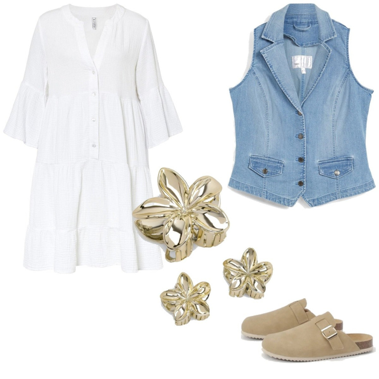 Outfit femme - Douceur. Style Tendance pour Tous les jours. Assortir avec robes, gilets sans manche, sabots, accessoires pour cheveux.