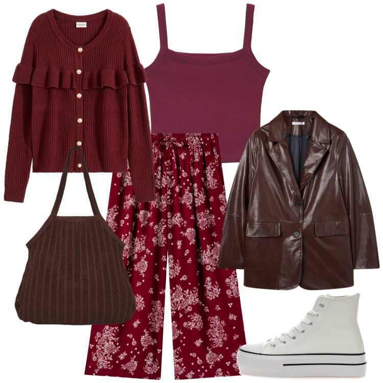 Outfit donna - Total look #2364701. Stile Casual chic per Tutti i giorni. Abbinamento con cardigans, pantaloni a palazzo, blazer, canottiere, shopping bag, sneakers.