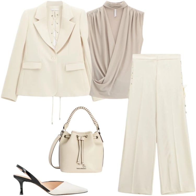 Outfit donna - Total look #2364702. Stile Chic per Cerimonia. Abbinamento con décolleté, borse a secchiello, top, pantaloni, blazer.