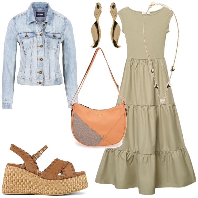 Outfit donna - Trendy e primaverile. Stile Trendy per Tutti i giorni. Abbinamento con giacche sportive, vestiti lunghi, orecchini, collane, borse a tracolla, zeppe.