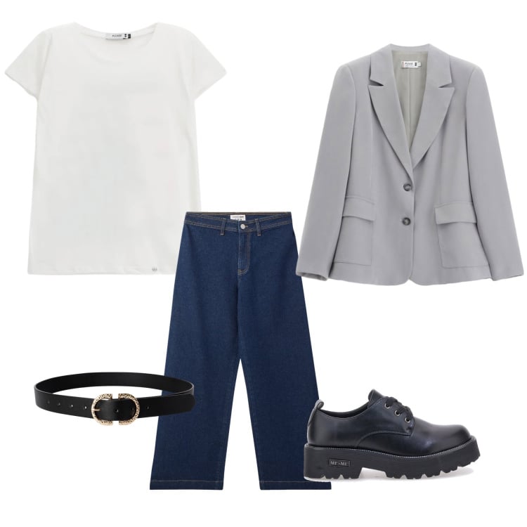 Outfit donna - Ufficio casual maglietta. Stile Casual per Ufficio. Abbinamento con jeans, cinture, blazer, t-shirt, francesine.