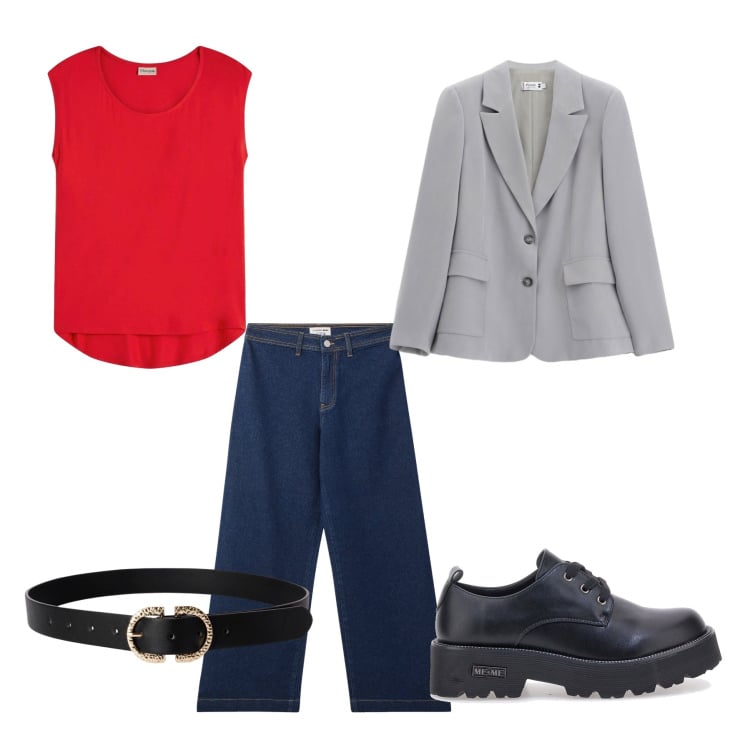 Outfit donna - Ufficio casual rosso. Stile Casual per Ufficio. Abbinamento con bluse, jeans, cinture, blazer, francesine.